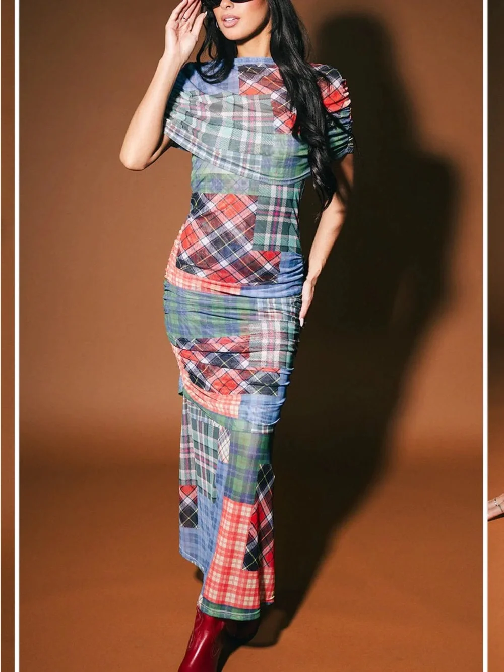 Dressed in Lala Girl From Mars Mesh Dress + Shawl in Mixed Plaids - Picture 4 of 15